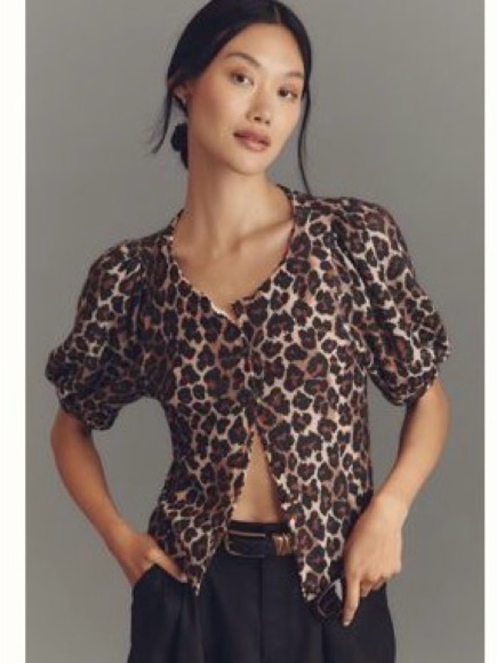 Maeve Puff-Sleeve Cashmere Cardigan Sweater Leopard Print Puff-Sleeve Sz XL luxe